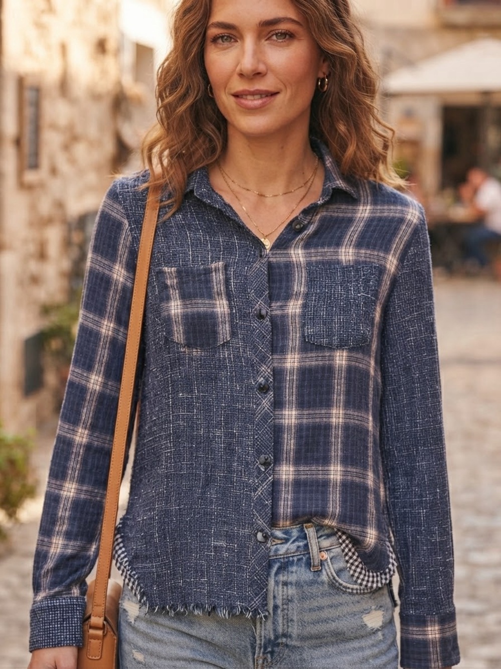 Artisan de Luxe Indigo Patchwork Bohemian Gypsy Plaid Button Down Shirt Small